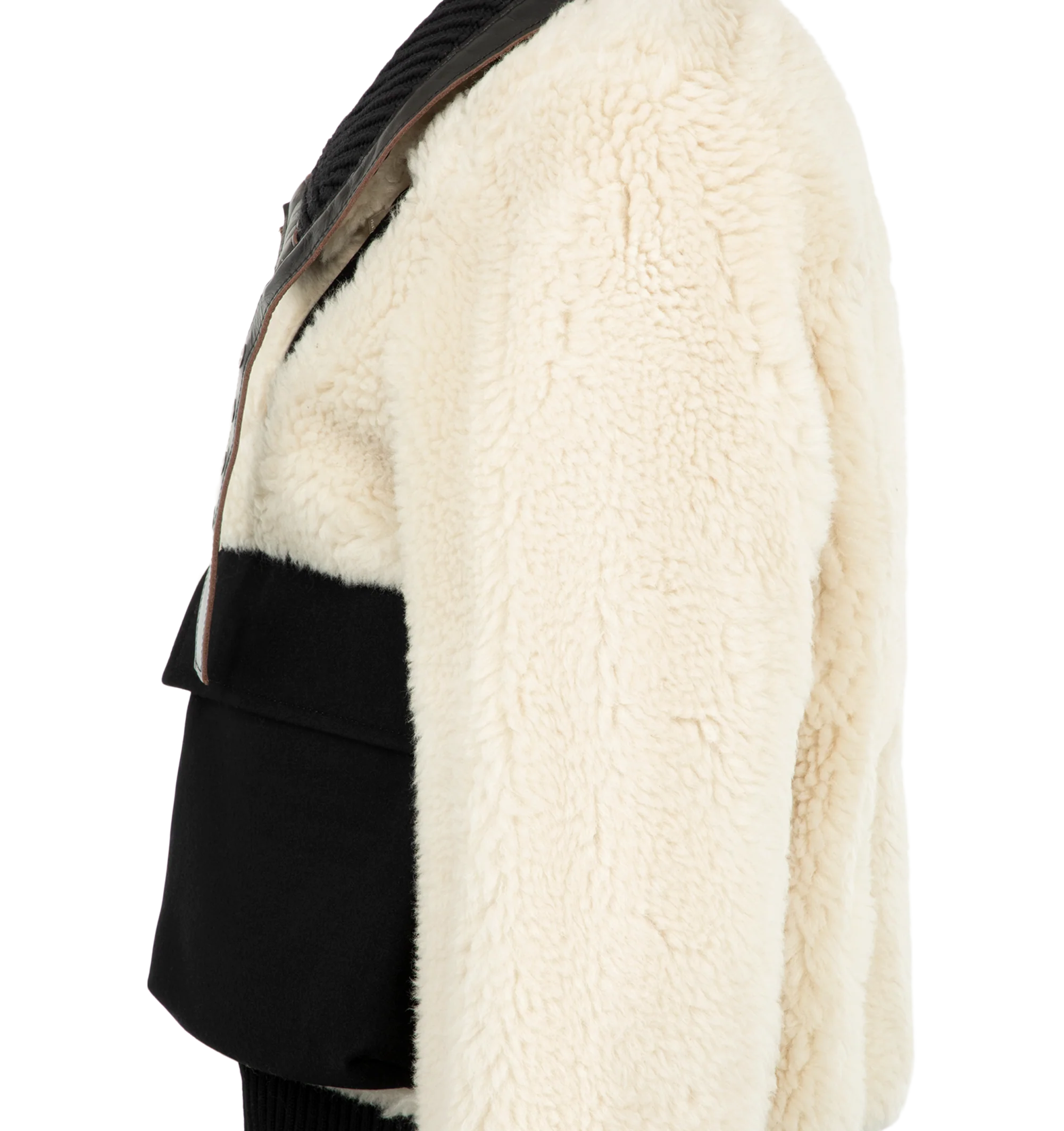 Image 4 of 4 - WHITE - Sacai Women's Wool Faux Shearling Blouson Jacket is crafted in a contrasting black and off-white mixed-fur design with plush sherpa and vegan leather trim. Materials: Wool; Polyester, Cowhide leather, Cupro. 