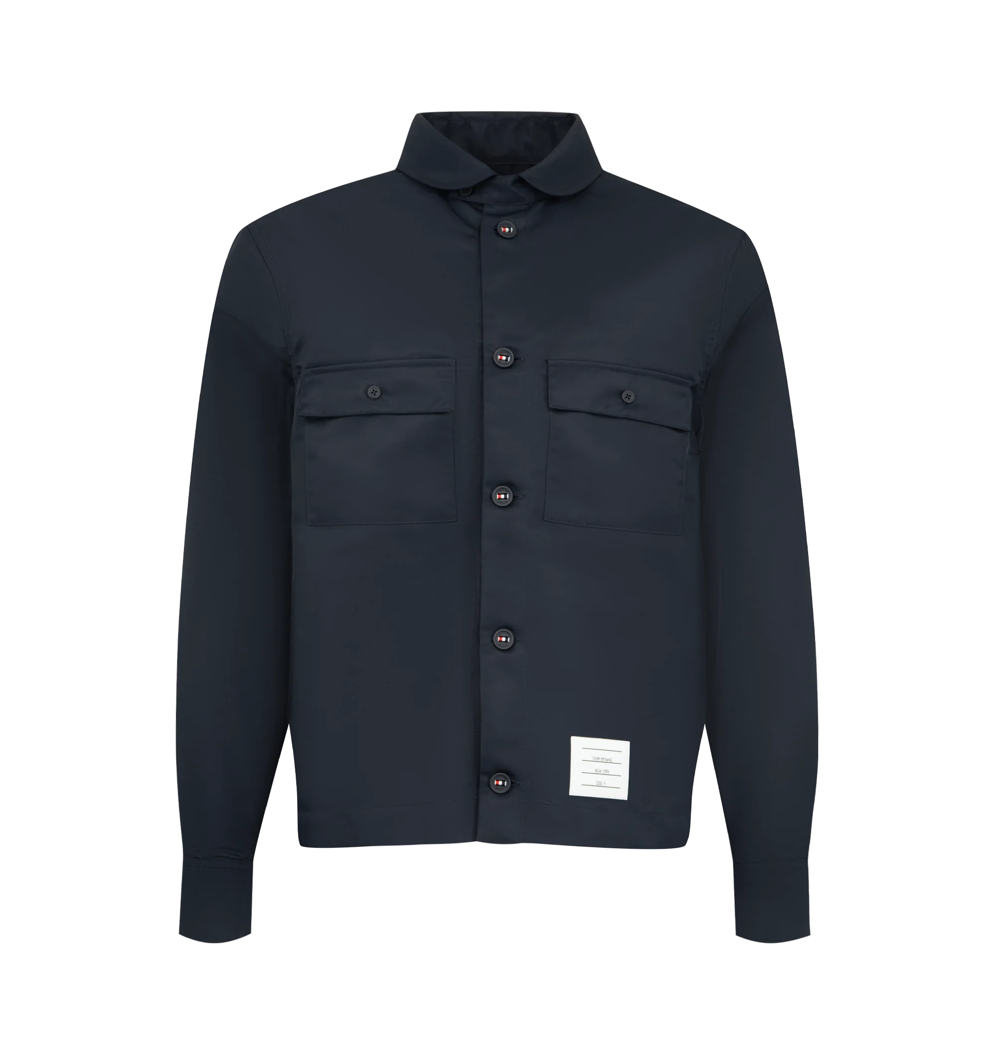 Image 1 of 3 - BLUE - Thom Browne Mens Tech Twill Shirt is crafted from lightweight technical twill. Features a button-front closure with signature RWB detailing, club collar with buttoned tab closure, buttoned flap chest pockets, buttoned cuffs, reinforced pleated back yoke with locker loop, buttoned side vents with internal RWB grosgrain trim, stepped hem, name tag appliqu, and signature striped grosgrain loop tab. Main Material: 100% Polyamide. Made in Italy.