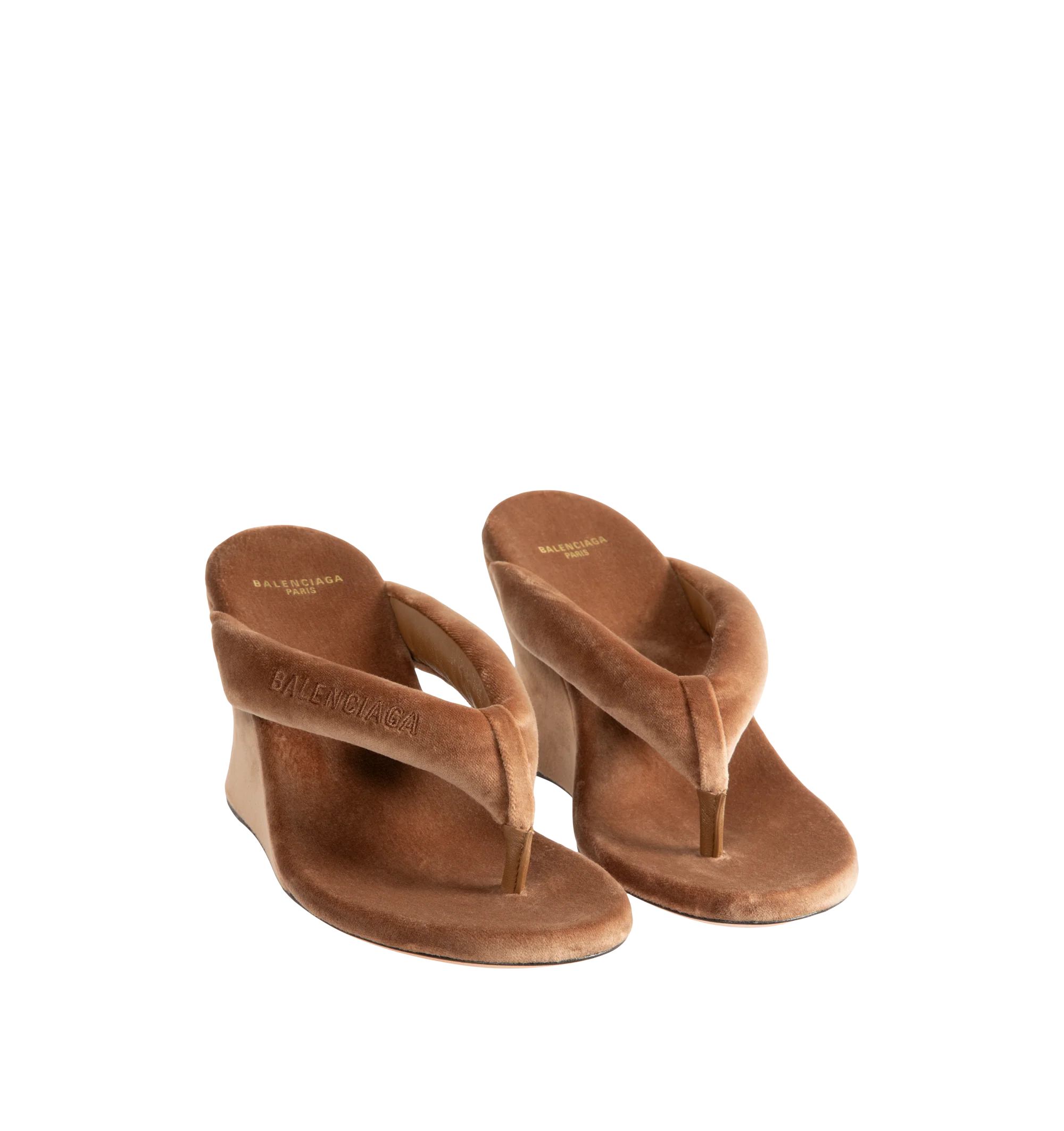 Image 2 of 4 - BROWN - Balenciaga Womens Gaeta Wedge Thong Sandals are crafted from a plush stretch velvet material. Feature a round toe, padded thong strap, slip-on design, 90mm arch wedge heel, and leather sole. Upper: cotton, viscose, elastane, Sole: calfskin, Insole: cotton, viscose, elastane. Made in Italy.