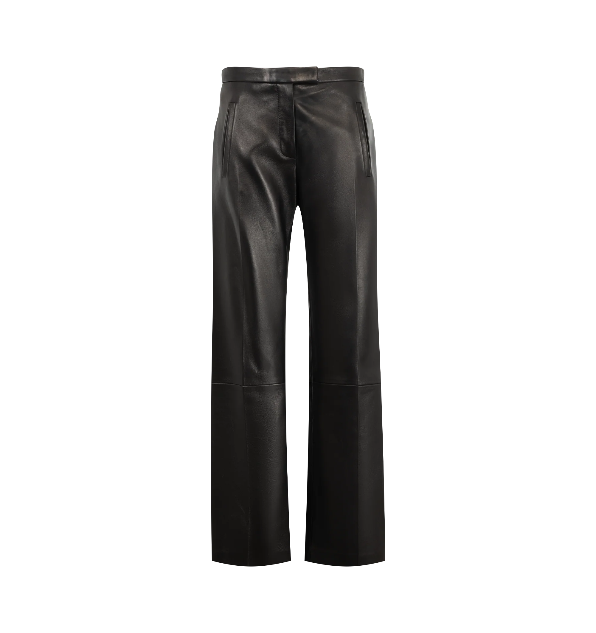 Image 1 of 3 - BLACK - Khaite Women's Leather Miles Pant is crafted from supple lamb leather and features a low-rise silhouette with a straight-to-tapered leg. Designed with panelled construction, side pockets, back welt pockets, and a zip-and-button closure. Main Material: 100% Lamb Leather. Made in Italy.