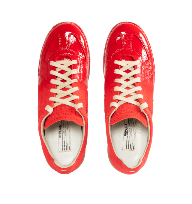 Image 5 of 5 - RED - MAISON MARGIELA High Quality Luxury Sneakers featuring classic low-top silhouette, contrast of matte leather and a patent sprayed finish, streamlined sole, traditional lace-up construction and signature single white stitch. 100% calf leather. Made in Italy.