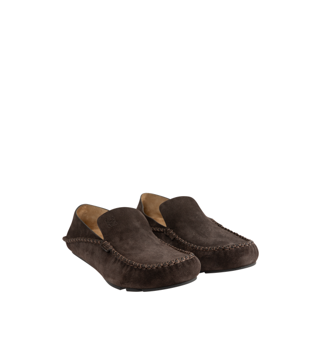 Image 2 of 4 - BROWN - Loewe Men's Loafer in suede calfskin made in a classic moccasin construction, featuring a round toe shape and collapsible back. Featuring padded leather insole, suede lining, Anagram cut-out rubber outsole and embossed Anagram on the upper. Made in Italy.