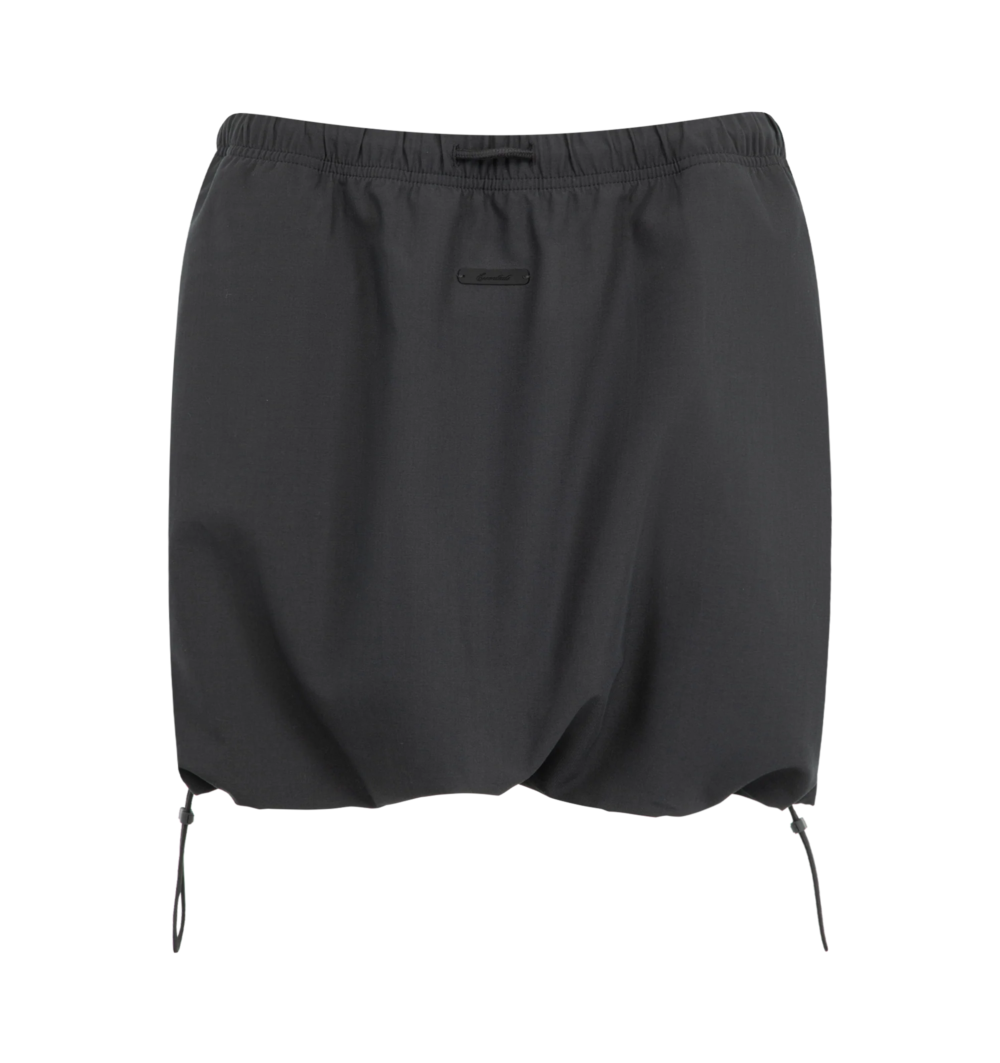 Image 1 of 3 - BLACK - The Fear Of God Essentials Women's Micro Skirt is crafted from a silk stretch blend for elevated comfort. This mini silhouette features an encased elastic waistband with bungee drawcords and adjustable toggles at the waist and hem. Materials: 69% Polyester, 19% Silk, 8% Wool, 4% Spandex.