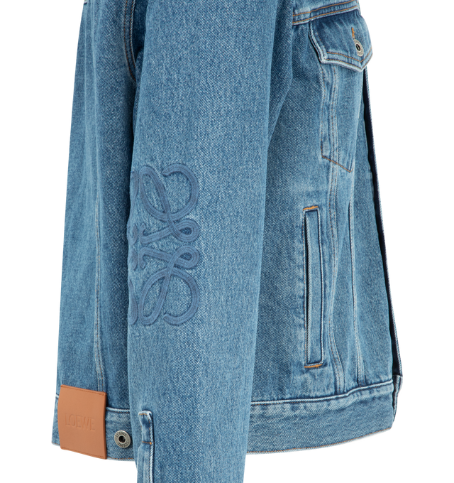 Image 3 of 3 - BLUE - LOEWE Anagram Jacket in medium-weight washed cotton denim featuring an Anagram embroidery at the elbows, regular fit, regular length, classic collar, button front fastening, buttoned cuffs, buttoned chest flap pockets, welt pockets and LOEWE embossed leather patch placed at the back. Cotton. Made in Italy.
