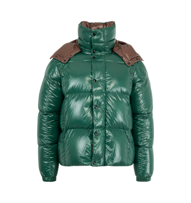 Image 1 of 4 - GREEN - MONCLER Parana Hooded Short Down Jacket featuring nylon laqu lining, down-filled, detachable and adjustable hood, zipper and snap button closure, zipped pockets and hem with drawstring fastening. 100% polyamide/nylon. Padding: 90% down, 10% feather. Made in Romania.
