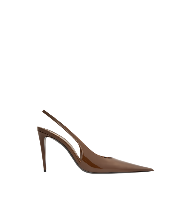 Image 1 of 4 - BROWN - Saint Laurent Guermantes slingback pumps in patent leather slingback pumps with a pointed toe, round saint laurent-engraved metal plaque on the insole, leather sole, elasticized slingback strap and 9.5cm covered stiletto heel. Calfskin, lambskin. Made in Italy.