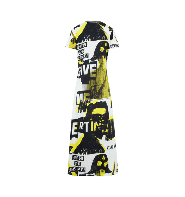Image 2 of 2 - YELLOW - LIBERTINE Paix Print T-Shirt Dress featuring short sleeves, crew neck, relaxed fit, long length and printed graphic throughout. 100% cotton.