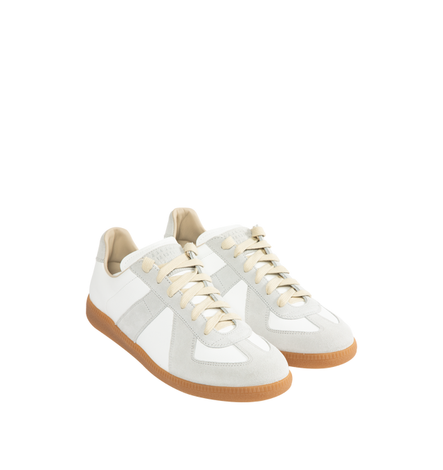 Image 2 of 5 - WHITE - MAISON MARGIELA High Quality Luxury Sneakers featuring lace-up sneakers in buffed nappa calfskin and calfskin suede, contrasting sole, Maison Margiela logo label on the tab, internal High Quality Luxury label, internal elastic and all-over Maison Margiela logo insole. 100% calf leather. Sole: 100% rubber. Made in Italy. 