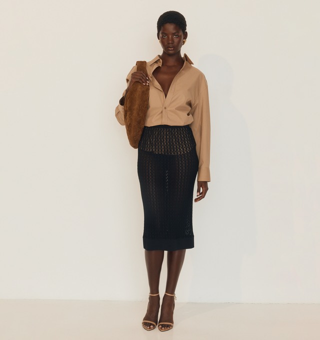 Image 3 of 4 - BROWN - SAINT LAURENT Buttoned Shirt made with certified cotton featuring a pointed collar, chest pocket with logo embroidery, front button closure and one-button mitered cuffs. 100% cotton. Made in Italy.