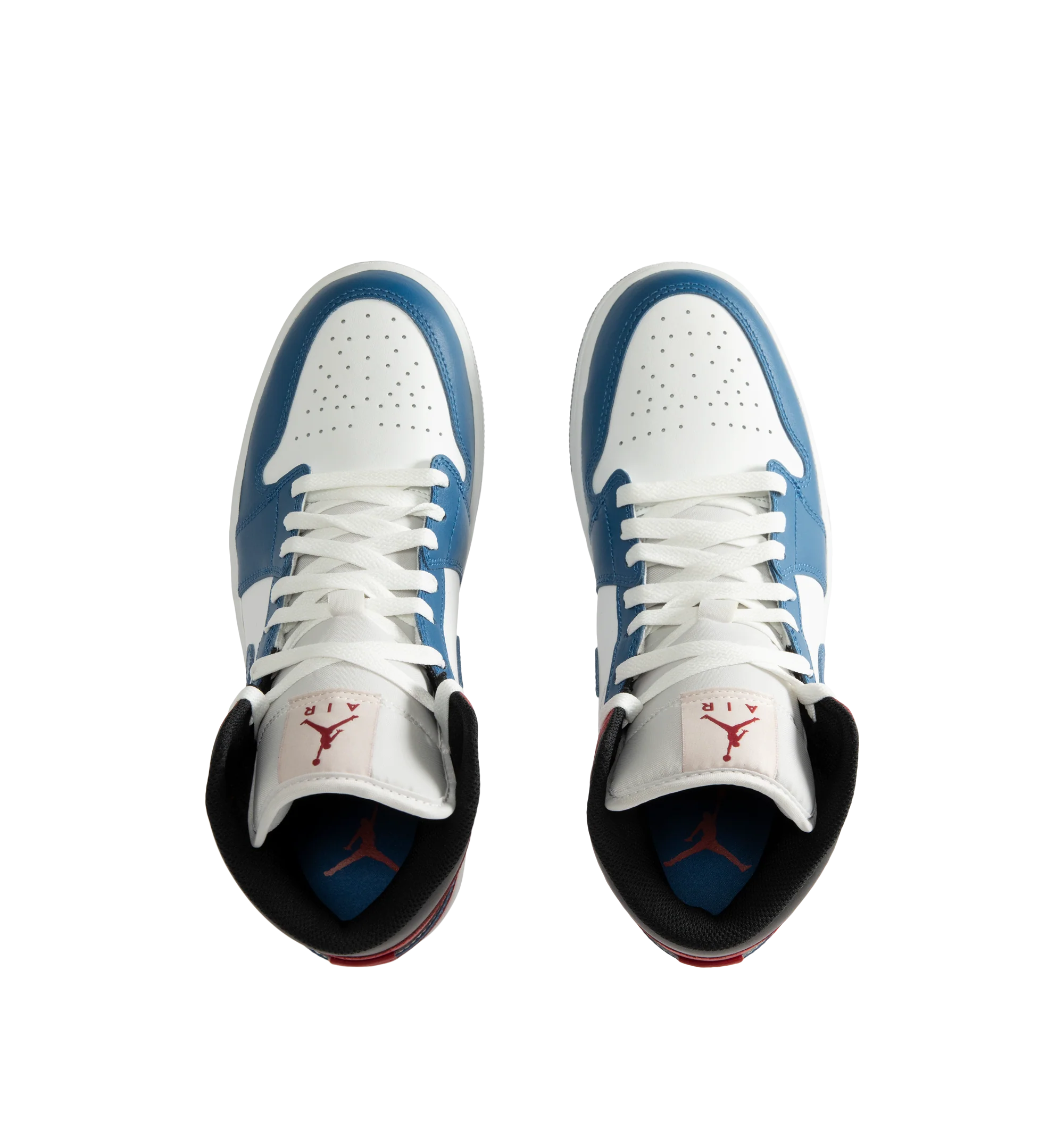 Image 5 of 5 - MULTI - Men's Air Jordan 1 Mid Sneakers feature a leather, synthetic leather, and textile upper with the iconic mid-top silhouette for a timeless heritage look. These lifestyle sneakers combine lightweight Nike Air cushioning, a foam midsole, and a durable rubber outsole with a pivot-circle traction pattern for lasting comfort, support, and reliable grip. Main Material: Leather, Synthetic Leather, and Textile. Midsole: Foam with Nike Air Cushioning. Sole: Rubber.