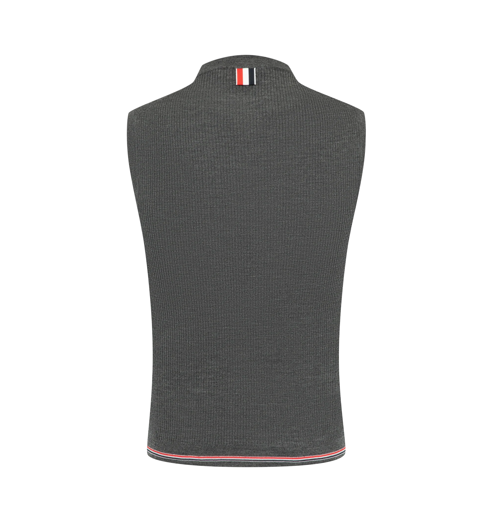Image 2 of 2 - GREY - Thom Browne Womens Rib Stitch Merino Wool Shell Top is crafted from fine-gauge merino wool and features a sleeveless silhouette, finely ribbed neckline and armholes, a finely ribbed hem with signature RWB tipping, and the signature striped grosgrain loop tab. This designer merino wool shell top combines lightweight knit construction with a timeless sleeveless silhouette for elevated everyday layering. Main Material: 100% Wool. Made in Italy. 