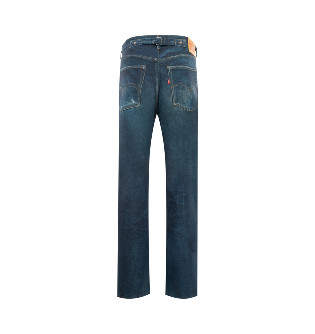 Image 2 of 3 - BLUE - JUNYA WATANABE Jeans featuring five pocket construction, straight leg, metal rivet details, button waist and fly, leather Levi's tab at waist and red Levi's tab at back pocket. 59% linen, 41% cotton. Made in Japan.