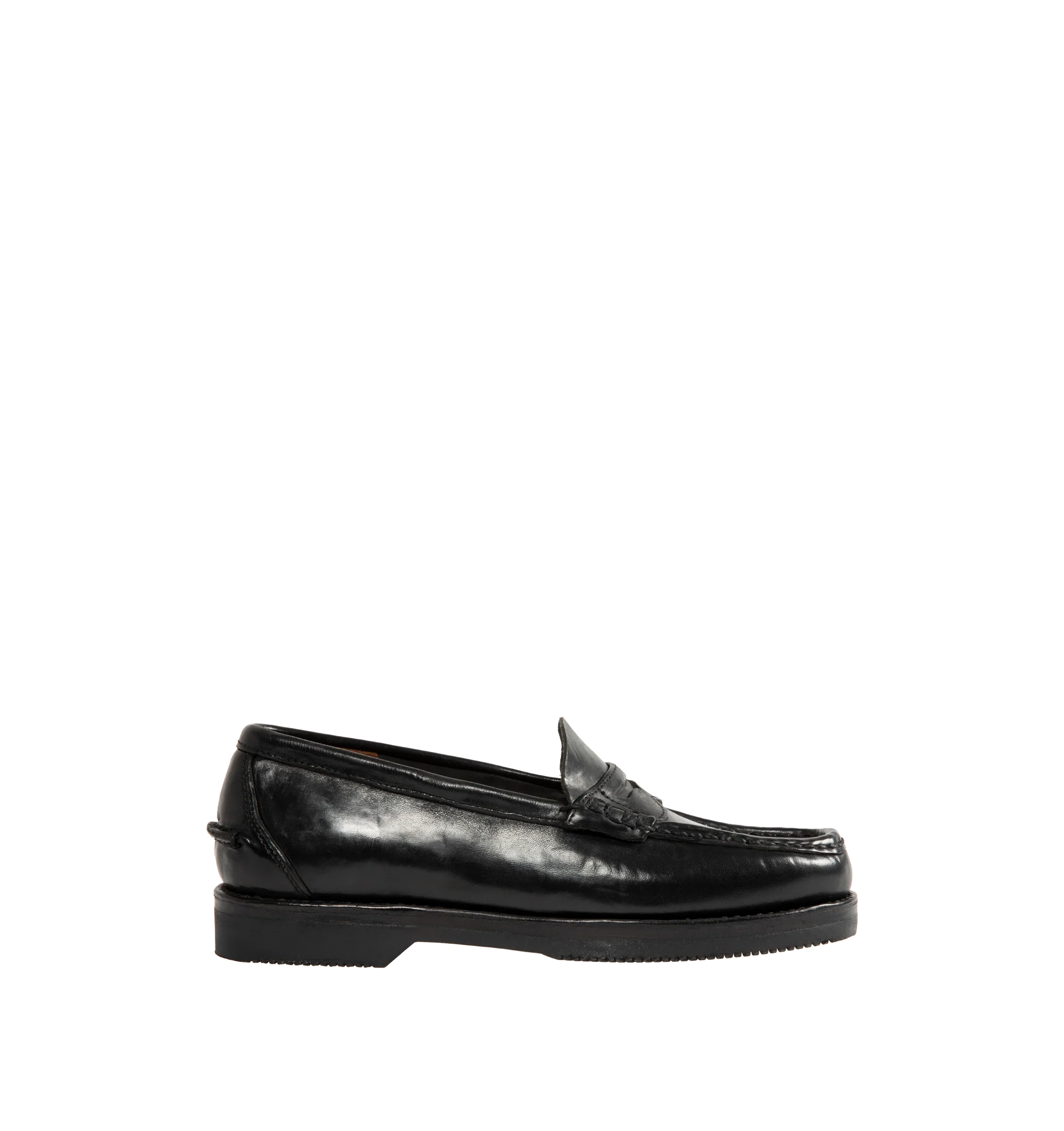 Image 1 of 4 - BLACK - Visvim Men's Fabro-Folk Leather Loafers are crafted from Italian vegetable-tanned horsehide and feature a minimalist penny loafer silhouette with hand-sewn construction and Goodyear-welted detailing. Designed with a pigment-free leather lining, natural cork insole, leather welt and midsole, and a Vibram outsole for lasting comfort, durability, and resoling capability. Main Material: Italian Vegetable-Tanned Horsehide. Lining: Pigment-Free Leather. Insole: Natural Cork. Midsole: Leathe