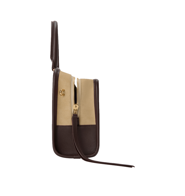 Image 8 of 17 - BROWN - LOEWE Small Amazona 180 Bag in suede featuring a relaxed silhouette anchored by a single toron top handle, designed to be carried open, while a concealed closure secures the main compartment, three carry options: short handle, removable shoulder strap and crossbody, zip closure with two leather zip pullers, two compartments, main compartment closed with magnetic closure, internal flat pocket, left side d-ring for customization, suede and nappa lambskin lining, embossed LOEWE and embo