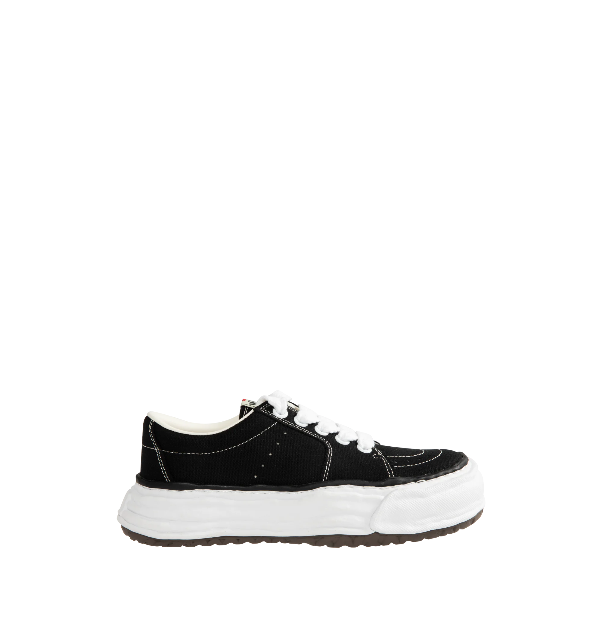 Image 1 of 5 - BLACK - Maison Mihara Yasuhiro Men's Eric Sneakers feature the brand's signature hand-sculpted OG sole, a mixed-material suede and canvas upper, and distinctive toe stitching for a bold contemporary look. Designed for the Spring/Summer 2026 collection, these designer low-top sneakers combine Maison Mihara Yasuhiro's experimental aesthetic with everyday comfort, while the handcrafted-inspired sole and intentional vintage detailing create a truly distinctive silhouette. Main Material: Cow Leath