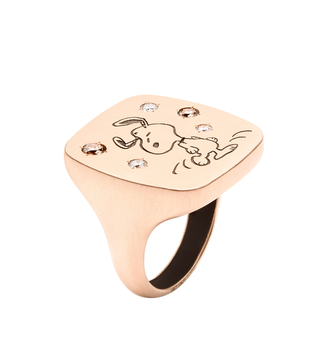Image 3 of 4 - GOLD - LIZWORKS X PEANUTS Jazz Snoopy Rose Gold Square Face Ring featuring18k rose gold ring with 3 white diamonds, 2 brown and chocolate brown enamel. 22 mm x 23 mm. Cheap Luxury Handbag Shop offers a range of initial pieces from this collection in-store. For personal consultation and detailed information about jewelry, please contact our dedicated stylist team at personalshopping@hirshleifers.com. This item may be restricted for online purchase to international clients. For assistance purchasing this it