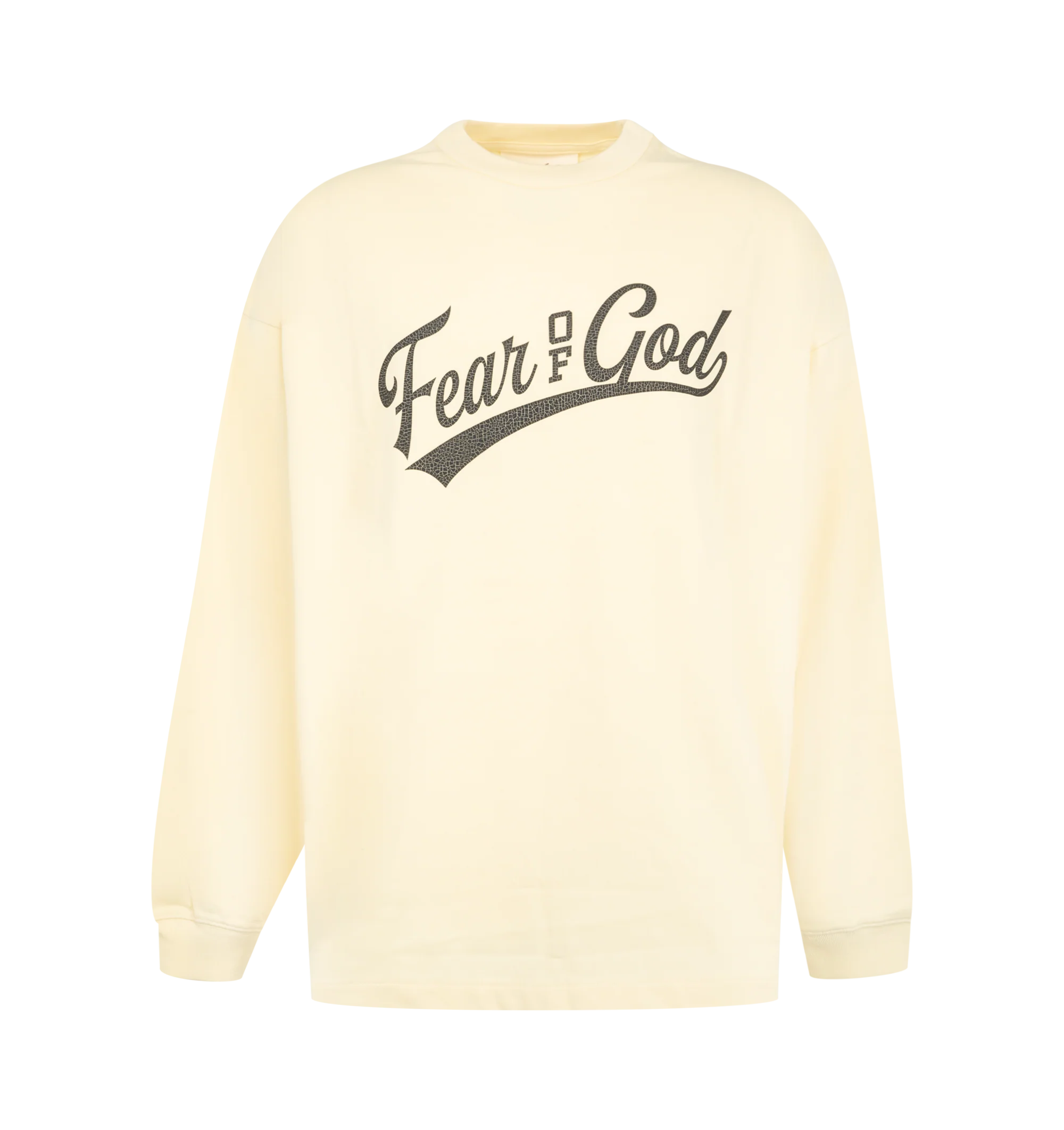 Image 1 of 2 - NEUTRAL - Fear of God Mens Merch Long Sleeve T-Shirt is crafted from heavyweight 300 GSM cotton jersey. Features a boxy relaxed fit, dropped shoulders, ribbed crew neckline and cuffs, crackle-printed Fear of God graphic at the front, crackle-printed "26" graphic at the back, and an Essentials signature label at the back collar. Main Material: 100% Cotton.