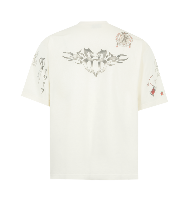 Image 2 of 3 - WHITE - BALENCIAGA Tattoo Medium Fit T-shirt featuring dry jersey, worn-out details, crewneck and tattoo artwork printed on the front, back and sleeves. 100% cotton. Made in Portugal.