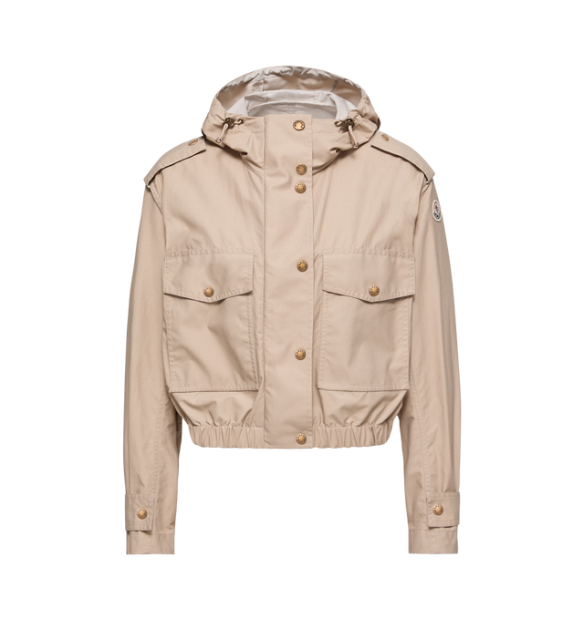 Image 1 of 1 - NEUTRAL - MONCLER Carex Hooded Cotton Blend Poplin Jacket featuring cotton blend poplin, adjustable hood, zipper and snap button closure, flap pockets with snap button closure, adjustable cuffs and hem with drawstring fastening. 60% cotton, 40% polyamide/nylon.