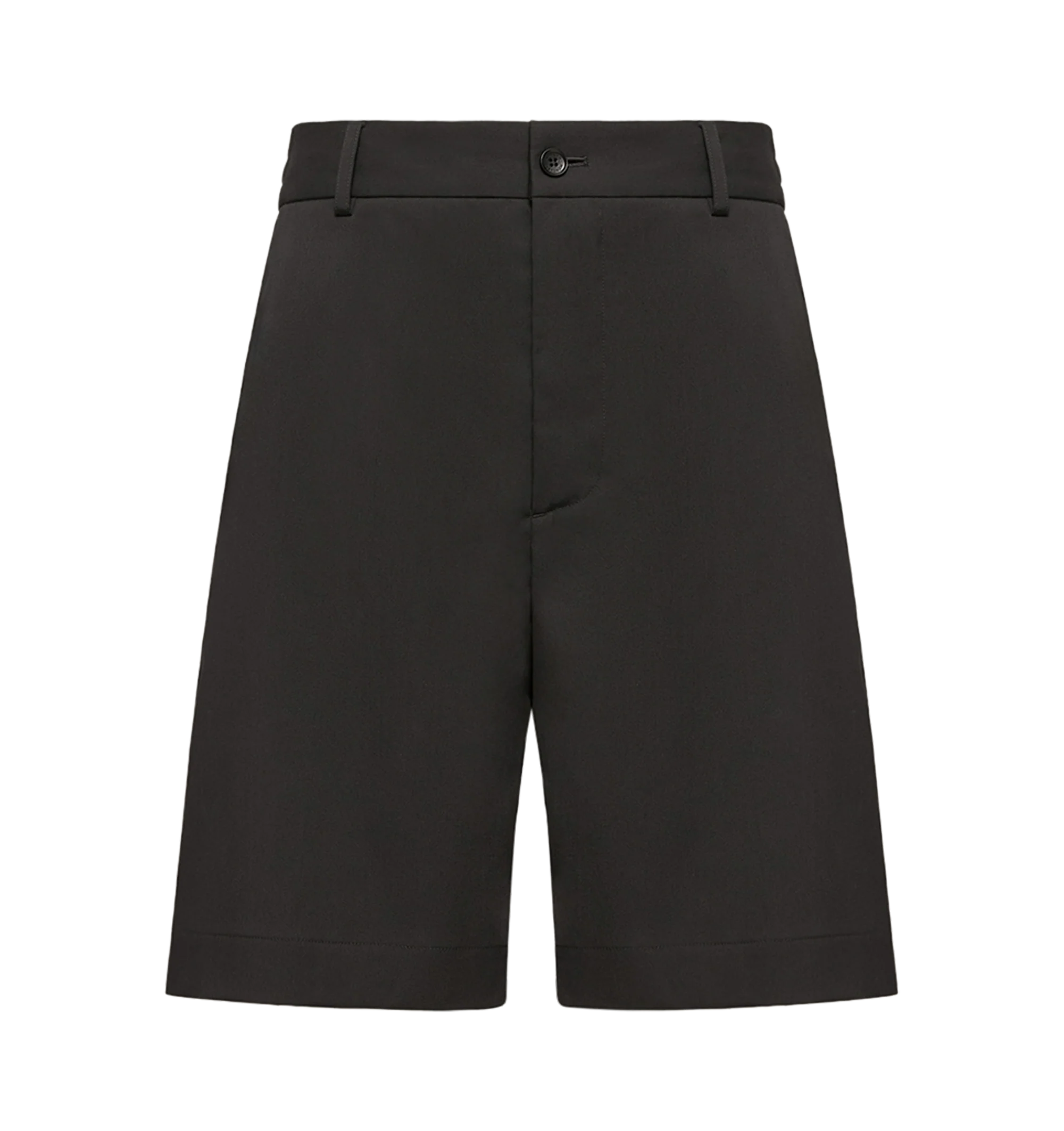 Image 1 of 1 - BLACK - Moncler Mens Wool Blend Gabardine Bermuda Shorts are crafted from a wool blend gabardine and feature an elastic waistband with drawstring fastening, zip and button closure, back patch pockets, and a leather logo patch. These designer Bermuda shorts combine tailored styling with everyday functionality for a refined warm-weather look. Main Material: 55% Polyester, 43% Wool, 2% Elastane; Trim: Leather. Made in Romania.