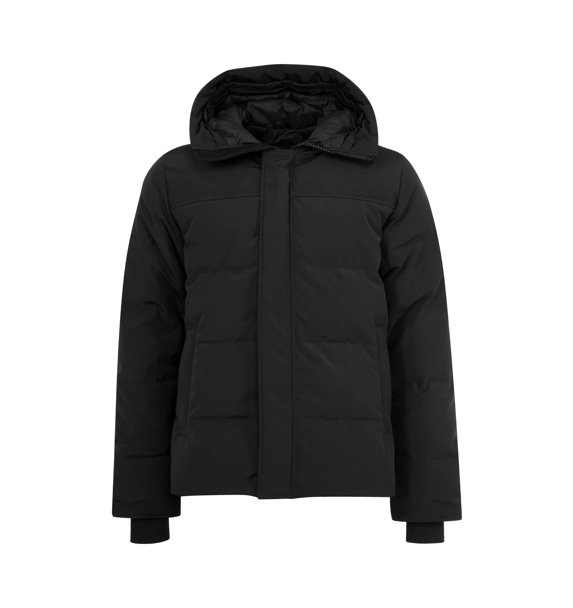 Image 1 of 3 - BLACK - CANADA GOOSE MacMillan Parka featuring adjustable down-filled Snorkel hood, hood features a removable zipper guard for the option of changing your hood trim for a customized look and added protection, chin guard is lined with tricot fabric, sleek interior hanging lining with backpack straps, placket with snap closures over 2-way zipper, storm flap underneath 2-way zipper, sleeve cuffs reinforced with CORDURA fabric, sip-length, cut longer in the back, 2 exterior fleece lined front poc