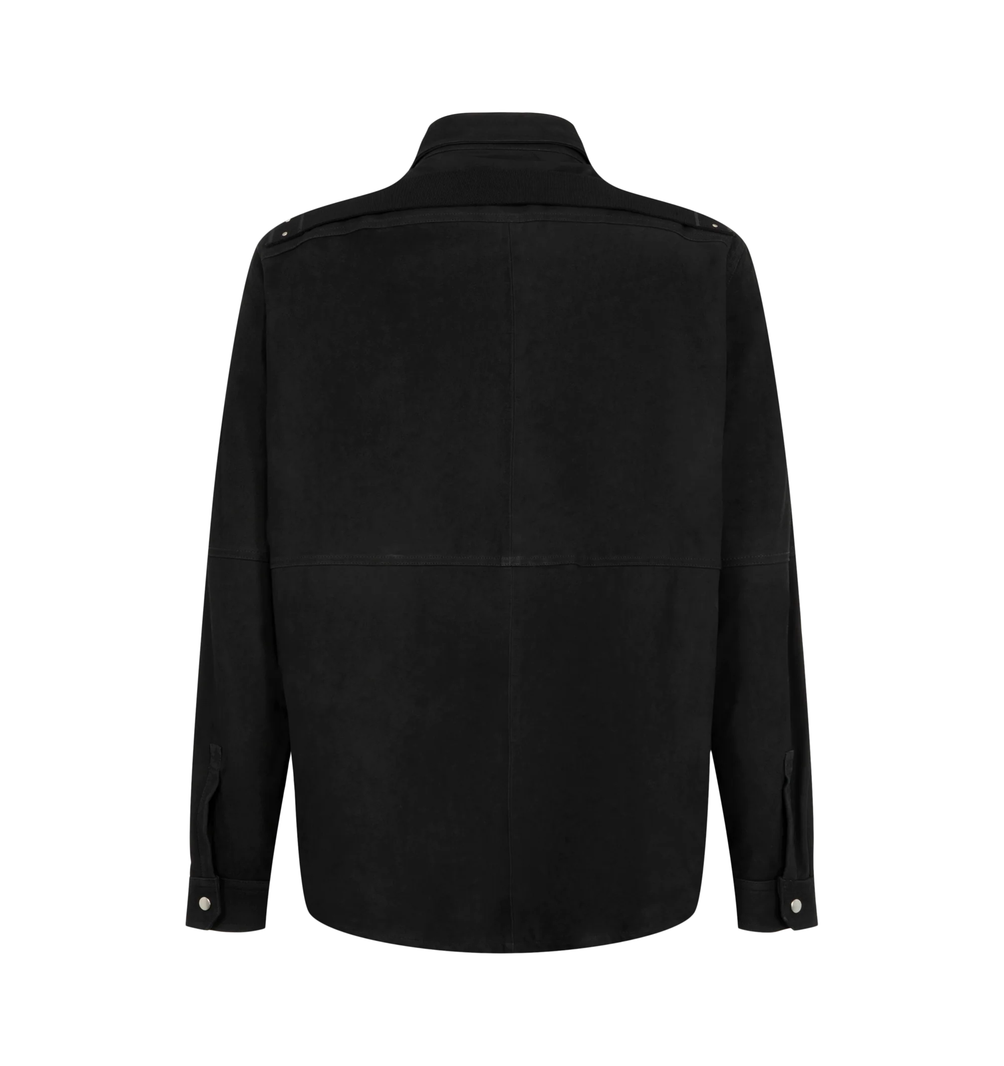 Image 2 of 2 - BLACK - Rick Owens Mens Outershirt is crafted from technical duchesse satin. Features a boxy fit, hip-length silhouette, classic collar, snap-front closure, snap cuffs, beveled side seams, two flap chest pockets, signature level shoulder seams, cotton webbing strap with rivet detail at the back yoke, and double topstitching. Main Material: 100% Recycled Polyester; Inside Pockets: 97% Cotton, 3% Elastane. Made with GRS-certified recycled polyester. Made in Italy. 