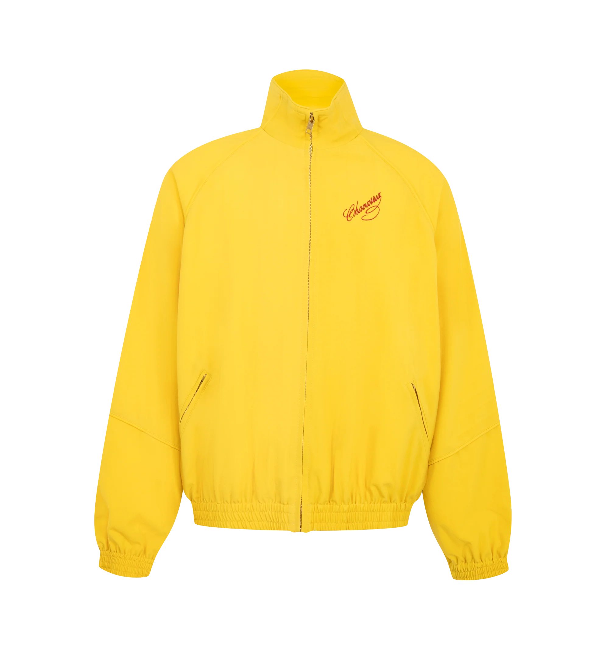 Image 1 of 3 - YELLOW - Willy Chavarria Men's Ruff Rider Track Jacket featuring script logo on the front chest, stand collar, golden zip front, long dolman sleeves with elasticized cuffs, side zip pockets, elasticized hem and relaxed cut. Main Material: Cotton. Made in USA.