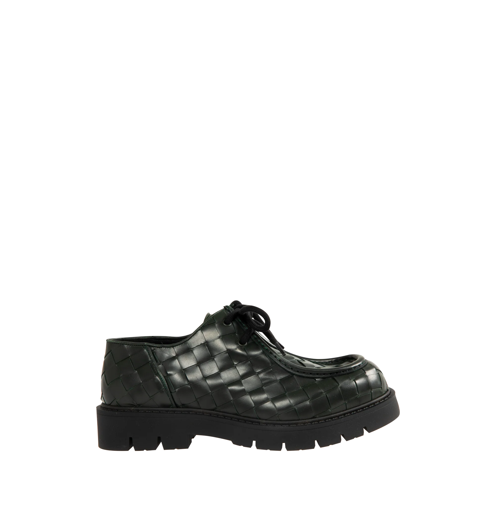 Image 1 of 4 - GREEN - Bottega Veneta Men's Haddock Dark Green Lace-Up Shoe in smooth calfskin with all-over Intrecciato craftsmanship. Upper and lining: calfskin leather. Rubber outsole. Made in Italy.