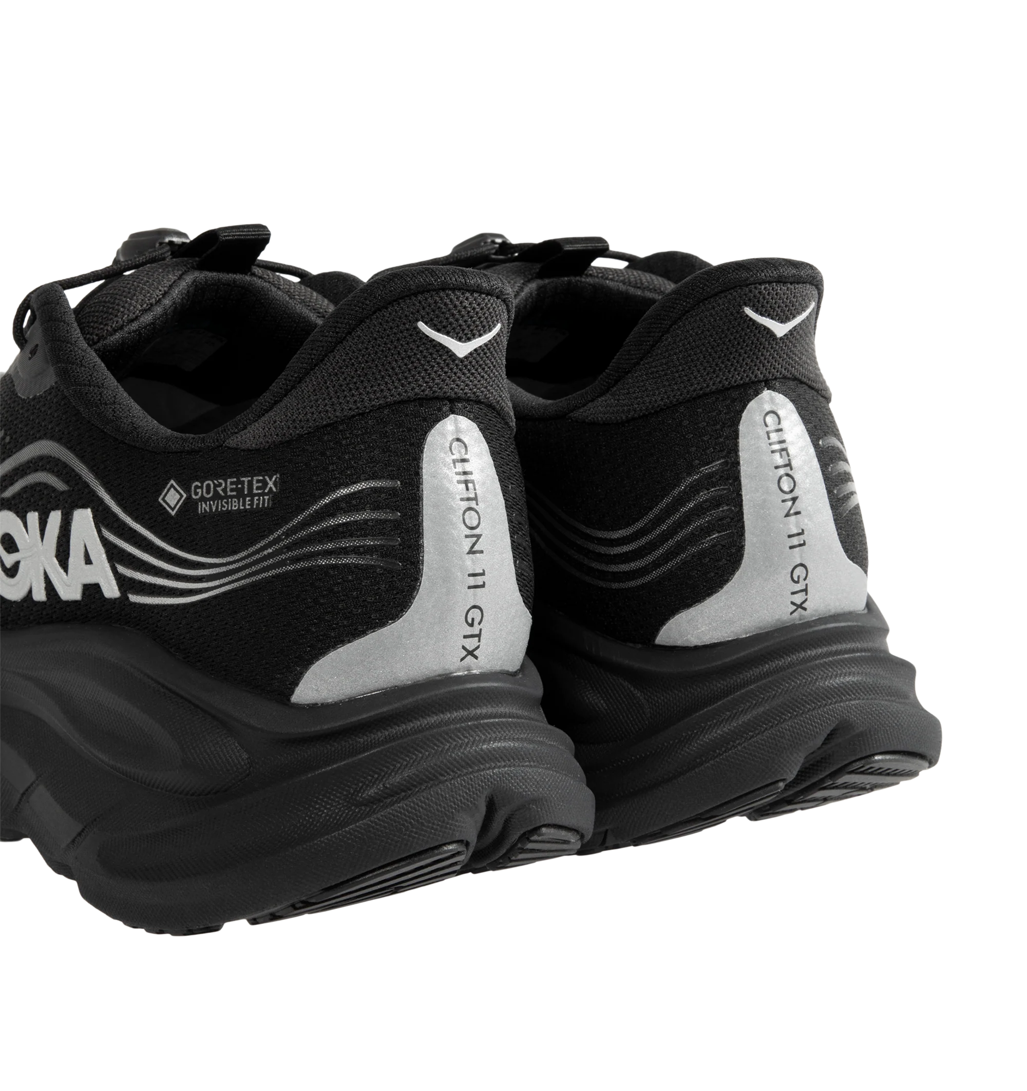 Image 3 of 5 - BLACK - Hoka Men's Clifton 11 GTX Running Sneakers feature a closed-mesh upper with a GORE-TEX Invisible Fit membrane and PFC-free water-repellent treatment. An adjustable speed-lace system with toggle, reflective details, a compression-molded EVA midsole, and a Durabrasion rubber outsole with forefoot traction pods complete the weather-ready design. Upper: Mesh with GORE-TEX Membrane. Midsole: EVA Foam. Sole: Rubber. Heel-to-Toe Drop: 8 mm.