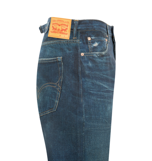 Image 3 of 3 - BLUE - JUNYA WATANABE Jeans featuring five pocket construction, straight leg, metal rivet details, button waist and fly, leather Levi's tab at waist and red Levi's tab at back pocket. 59% linen, 41% cotton. Made in Japan.