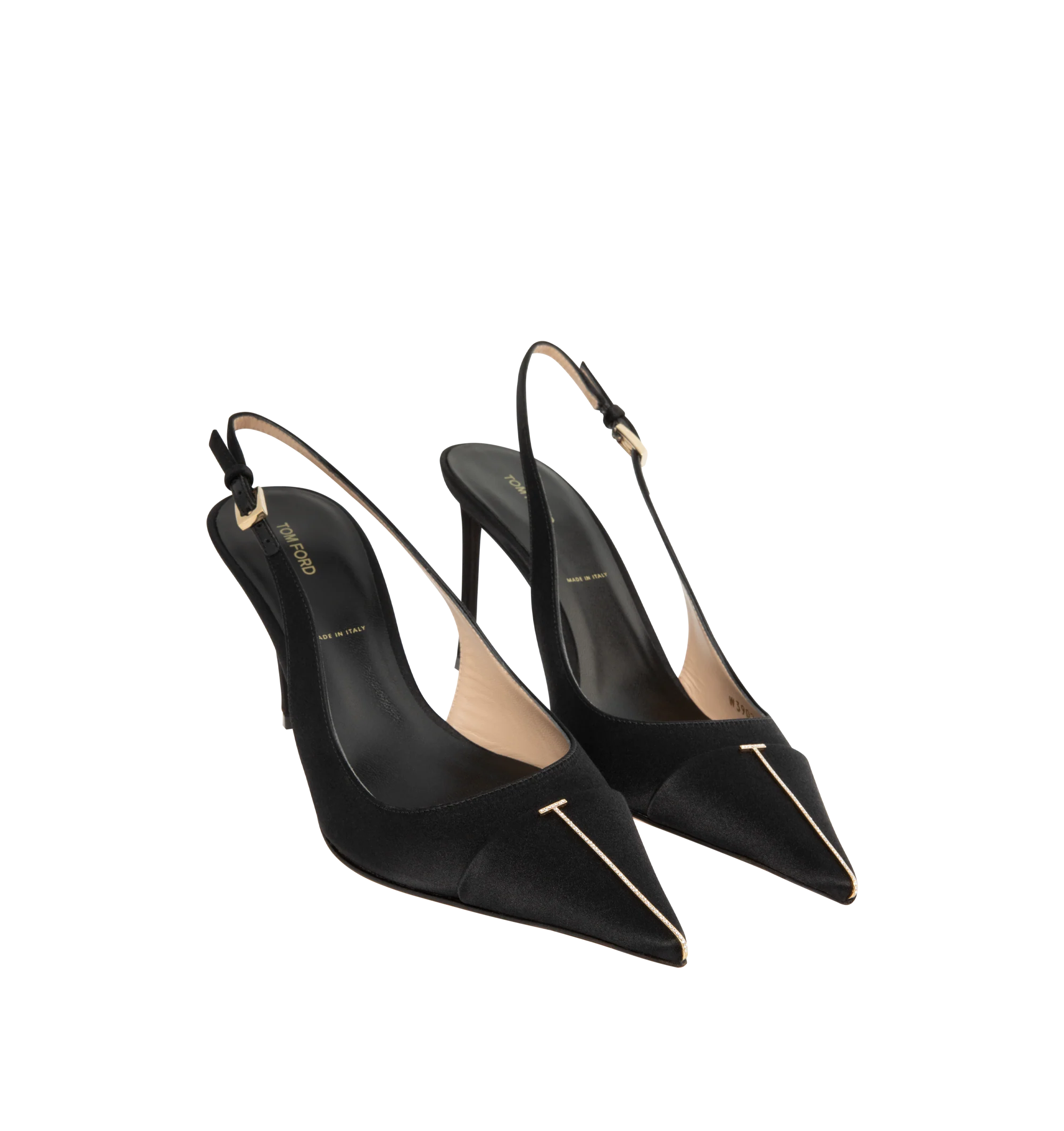 Image 2 of 4 - BLACK - Tom Ford Womens Thea Slingback Pumps are crafted from satin with Swarovski crystal embellishments. Feature a pointed toe with signature pale gold-tone T metal detail, adjustable slingback strap, stiletto heel, and leather sole. Heel Height: 8.5 cm. Main Material: 68% Viscose, 32% Silk; Embellishment: Swarovski Crystals; Sole: Leather. Made in Italy.