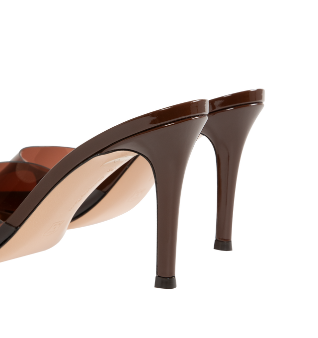 Image 3 of 4 - BROWN - GIANVITO ROSSI Elle 85 Heeled Sandals featuring open pointed toe, vinyl strap at vamp, logo printed at footbed, stiletto heel with rubber injection and polished leather sole. Heel: H3.25". Upper: thermoplastic polyurethane, leather. Sole: leather, rubber. Made in Italy.