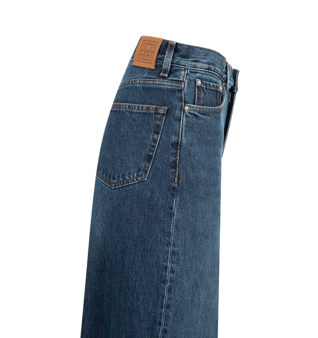Image 4 of 4 - BLUE - TOTEME Wide Leg Denim featuring high waistline and long, wide legs that are press-creased, belt loops, five pockets and zipper fly. 100% cotton organic. Made in Italy.