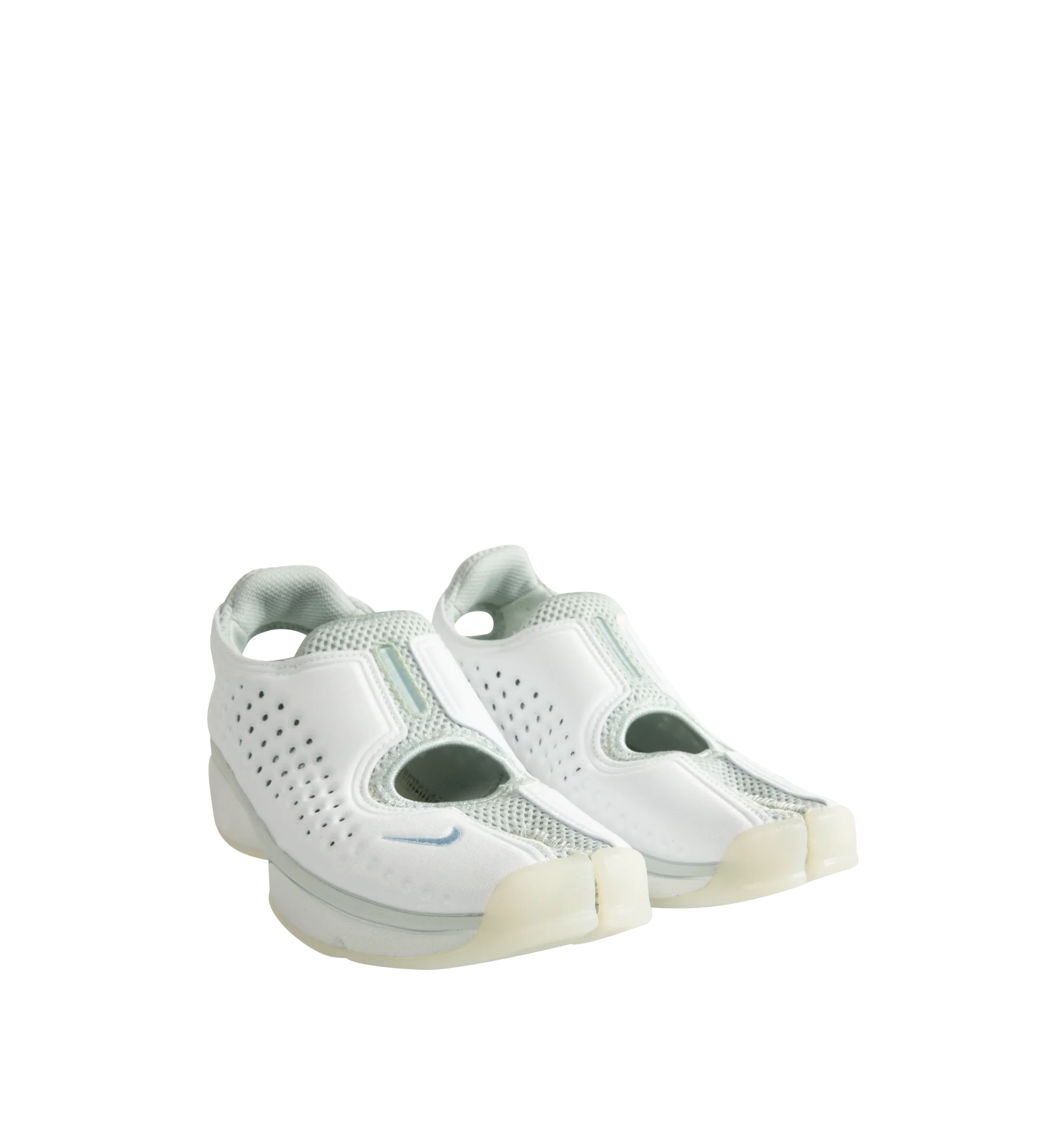Image 2 of 5 - WHITE - Nike Women's Rift 2 Sneakers feature a padded neoprene and mesh upper with the iconic split-toe construction for a distinctive, sport-inspired silhouette. Designed for easy slip-on wear, these sneakers feature a cushioned footbed, antimicrobial sockliner, fabric lining, and lightweight foam midsole for added comfort. Finished with a durable rubber sole, the Rift 2 combines Nike's signature natural-motion-inspired design with everyday functionality. Upper: Neoprene and Mesh. Lining: Fa 