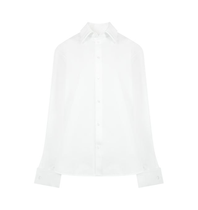 Image 1 of 2 - WHITE - Saint Laurent oversized buttoned shirt in cotton poplin featuring a pointed collar, exaggerated shoulders, french cuffs with one-button placket and shoulder boning.100% Cotton. Made in Italy.