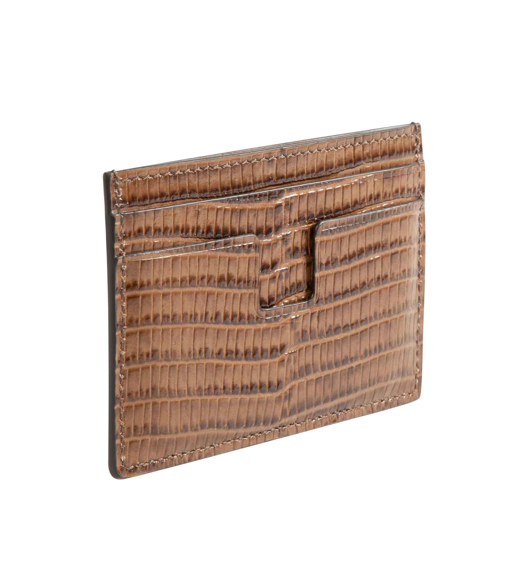 Image 2 of 3 - BROWN - Tom Ford T Line Card Holder is crafted from soft grain calf leather and features the signature elongated T detail. This designer combines refined craftsmanship with elevated functionality for daily use. Main Material: 100% Calf Leather. Lining: 70% Calf Leather, 30% Sheep Leather. Made in Italy.
