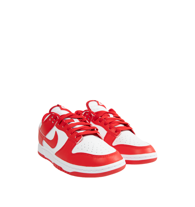 Image 2 of 5 - RED - NIKE Dunk Low Retro featuring synthetic leather upper, foam midsole, rubber outsole with classic pivot circle, padded collar and perforated toe box.