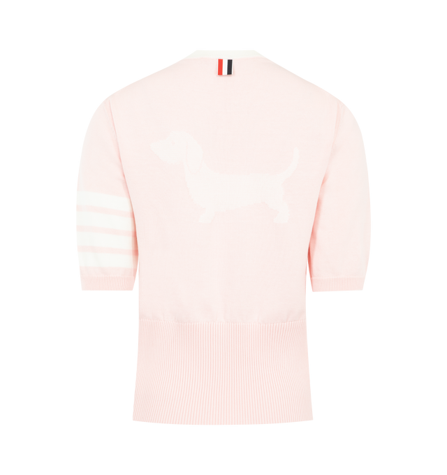 Image 2 of 2 - PINK - THOM BROWNE Jersey Hector Intarsia 4 Bar Tee featuring ribbed neckline, cuffs, and hem, Hector intarsia on back, contrast collar, 4-bar detailing and signature striped grosgrain loop tab. 100% cotton. Made in Italy.