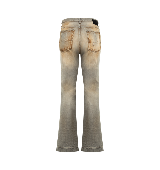 Image 2 of 3 - BROWN - AMIRI MX1 Straight Flare Jean featuring button fly closure, 5-pocket styling and midweight rigid denim with intentional distressing. 100% cotton. Made in Italy. 