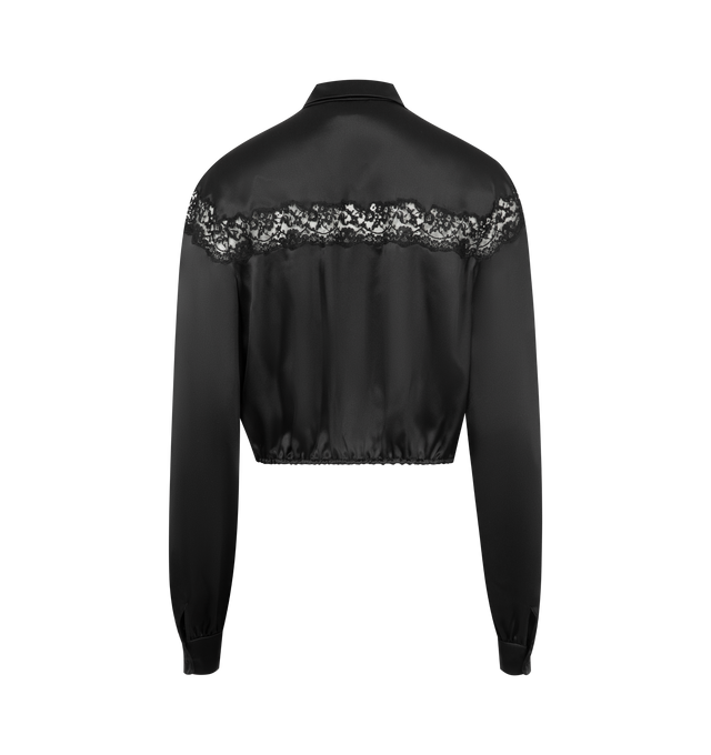 Image 2 of 2 - BLACK - SAINT LAURENT Satin Blouse featuring cropped lavallire blouse made with certified silk, a lace yoke insert, elasticized hem, bishop sleeves, front button closure, lavallire collar and one-button mitered cuffs. 100% silk. Made in Italy. 