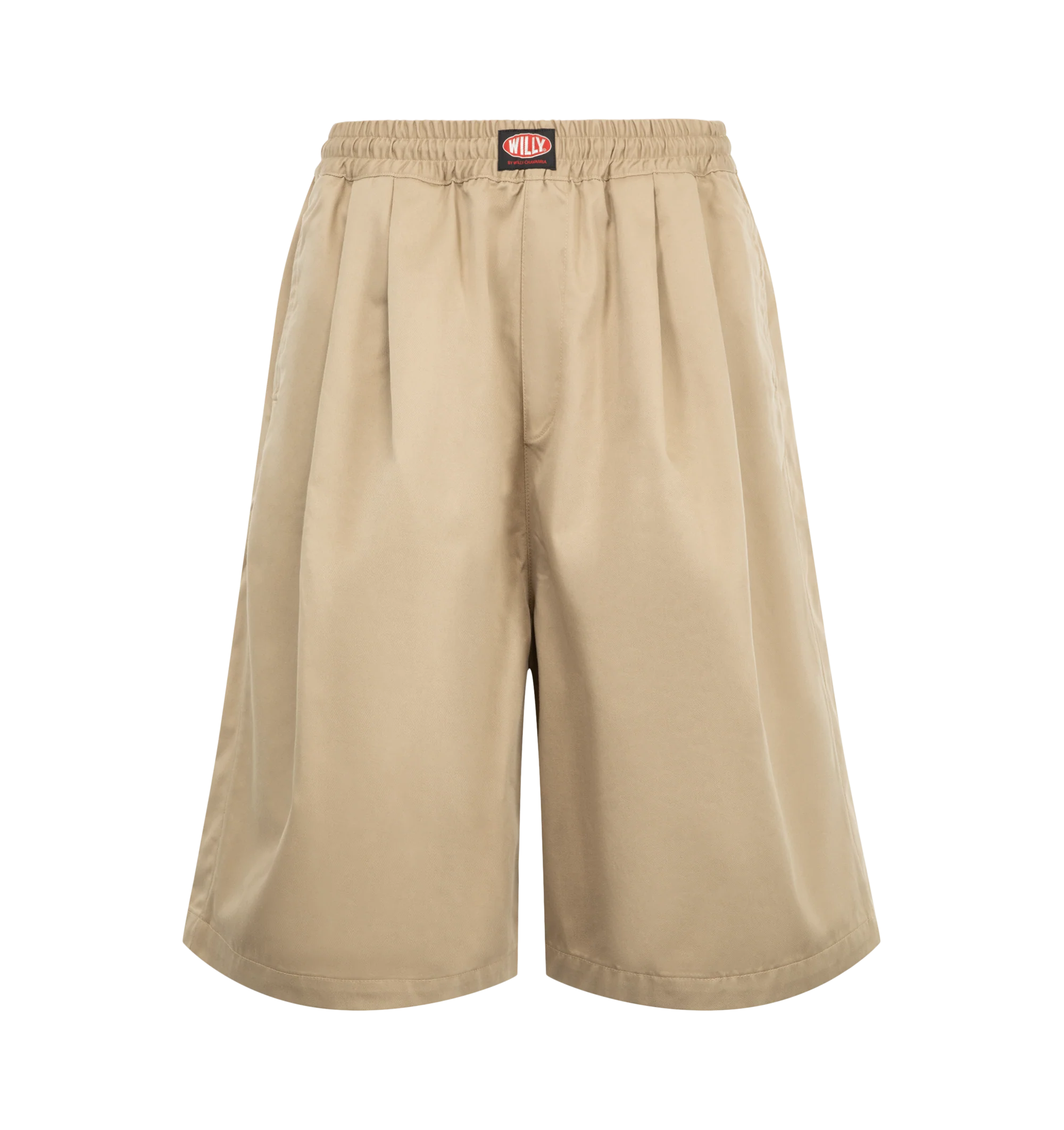 Image 1 of 3 - NEUTRAL - Willy Chavarria Orale Elasticated Short is crafted from a polyester-cotton blend and features a relaxed, voluminous silhouette with an elasticated waistband for everyday comfort. Designed with the brand's signature oversized proportions and clean utility-inspired styling. Main Material: 65% Polyester, 35% Cotton. Lining: 100% Cotton. Made in USA.