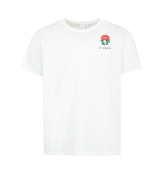 Image 1 of 2 - WHITE - LE PERE Embroidered Flower T-Shirt featuring a classic white tee, an abstract, textured red rosette embroidered on the chest with 'le PRE' lettering, short sleeves and crew neck. 100% cotton. Made in Portugal.