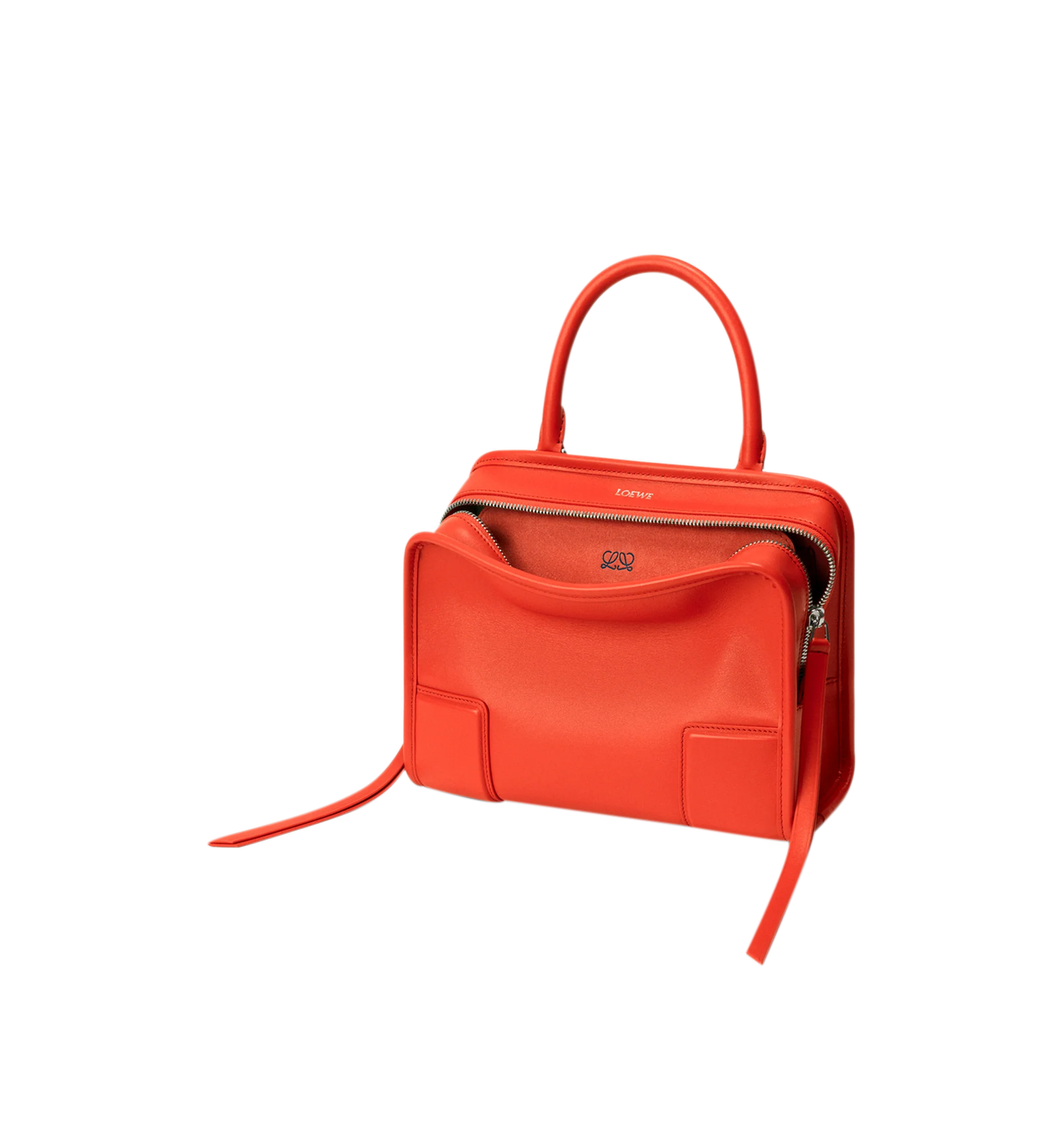 Image 7 of 17 - ORANGE - Loewe Small Amazona 180 Bag in leather features a relaxed silhouette anchored by a single toron top handle, designed to be carried open, while a concealed closure secures the main compartment, three carry options: short handle, removable shoulder strap and crossbody, zip closure with two leather zip pullers, two compartments, main compartment closed with magnetic closure, internal flat pocket, left side d-ring for customization, nappa lambskin lining, and embossed double L branding.