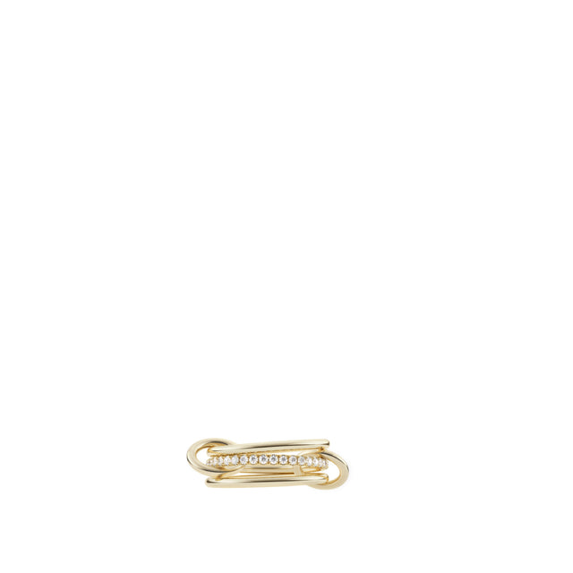 Image 1 of 1 - GOLD - SPINELLI KILCOLLIN Sonny YG Ring featuring band of micro pave white diamonds framed by two outer bands of lucent 18k gold, linked by two richly tonal 18k gold connectors. Bands: three 1.7mm gauge 18k yellow gold bands. Diamonds: White diamonds (approx. 0.50 cttw). Connectors: 18k yellow gold.