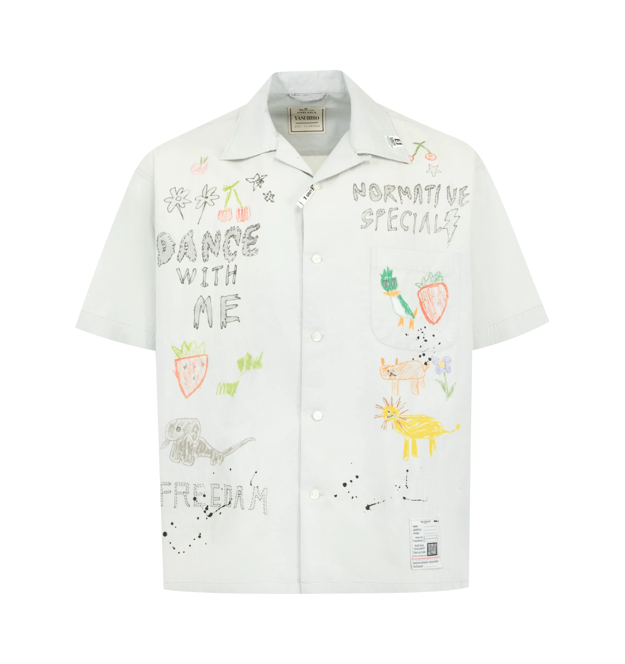 Image 1 of 3 - GREY - Maison Mihara Yasuhiro Men's Hand Drawing Short Sleeve Shirt is crafted from cotton and features an allover hand-drawn graphic print, a classic collar, button-down closure, short sleeves, and a relaxed silhouette for an artistic contemporary look. This designer short sleeve shirt combines lightweight comfort with Maison Mihara Yasuhiro's signature creative aesthetic, making it a standout piece for everyday styling. Main Material: 100% Cotton. Made in Japan.