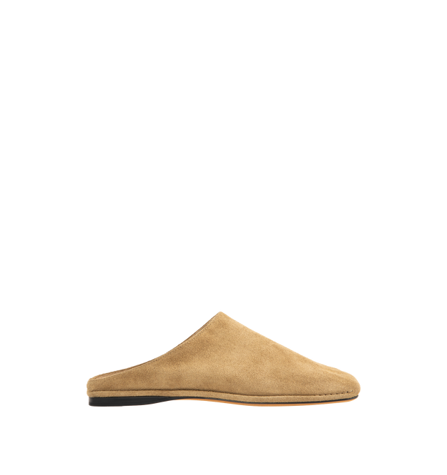 Image 1 of 4 - BROWN - THE ROW Piper Slide featuring Artisanally-crafted slip-on shoe in soft calfskin suede with square toe, outer stitch detailing, soft nappa leather lining, and leather sole. 100% calfskin suede. Made in Italy.