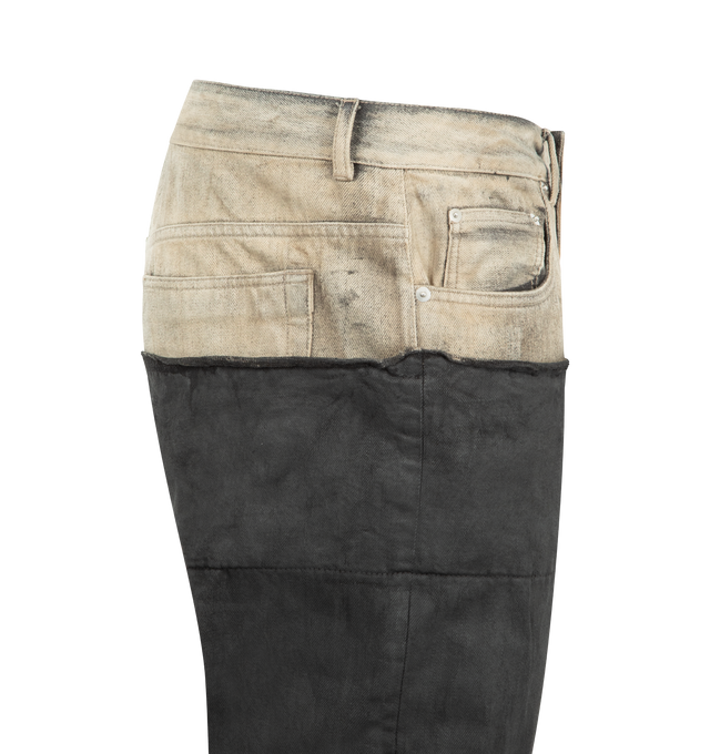 Image 3 of 4 - BROWN - DRKSHDW Fog Out Pants featuring a relaxed cut, contrasting legs crafted in a panelled construction, 5 pocket style and button zip closure. 100% cotton.