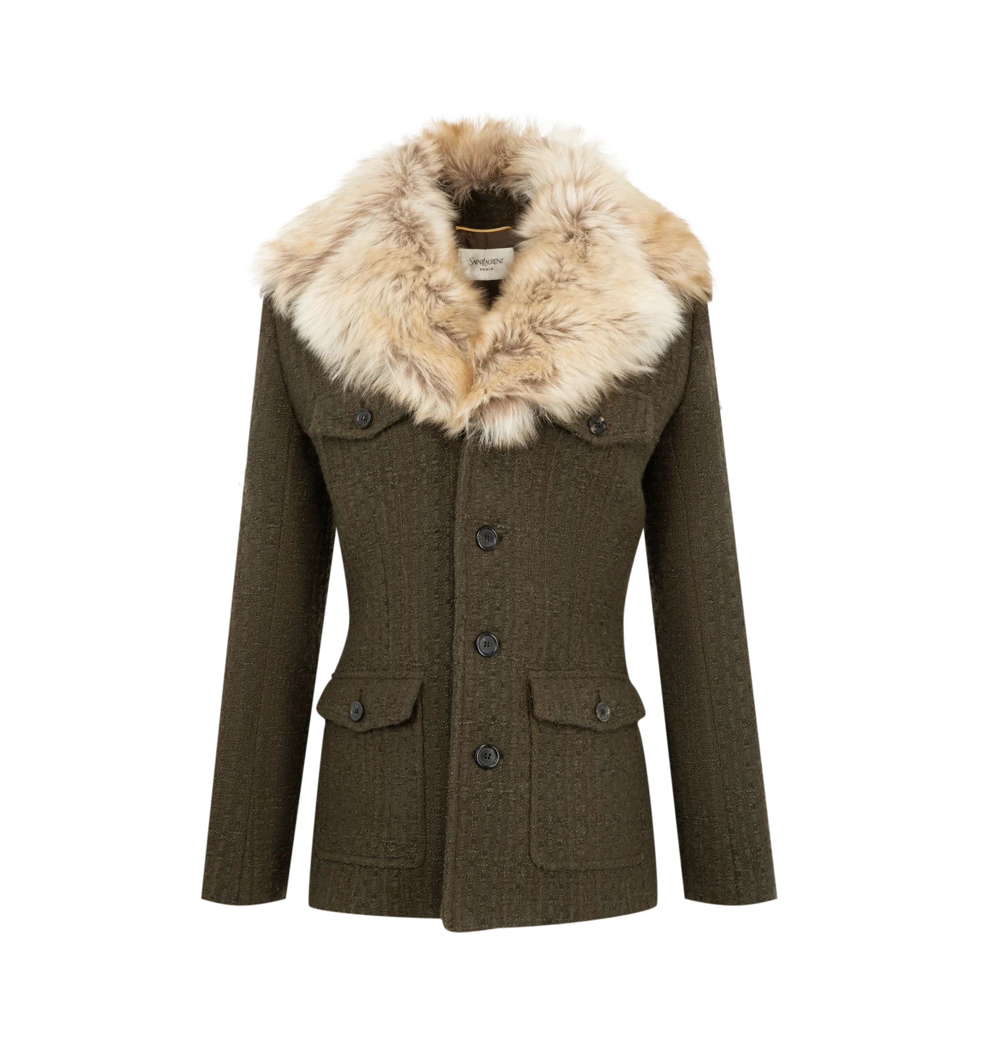 Image 1 of 2 - GREEN - Saint Laurent Womens Jacket is crafted from a wool blend with a lamb fur collar. Features a tailored silhouette, full silk lining, and luxurious fur trim. Main Material: 74% Wool, 26% Polyamide; Lining: 100% Silk; Collar: Lamb Fur. Made in Italy.