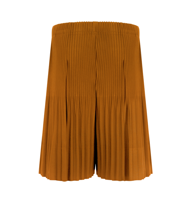 Image 2 of 3 - BROWN - Issey Miyake Men's shorts designed for portability and lightweight comfort, with the quick-drying properties unique to polyester. Featuring elastic drawstring waist, pockets on both sides and button-fly design. 100% Polyester. Made In Japan. 