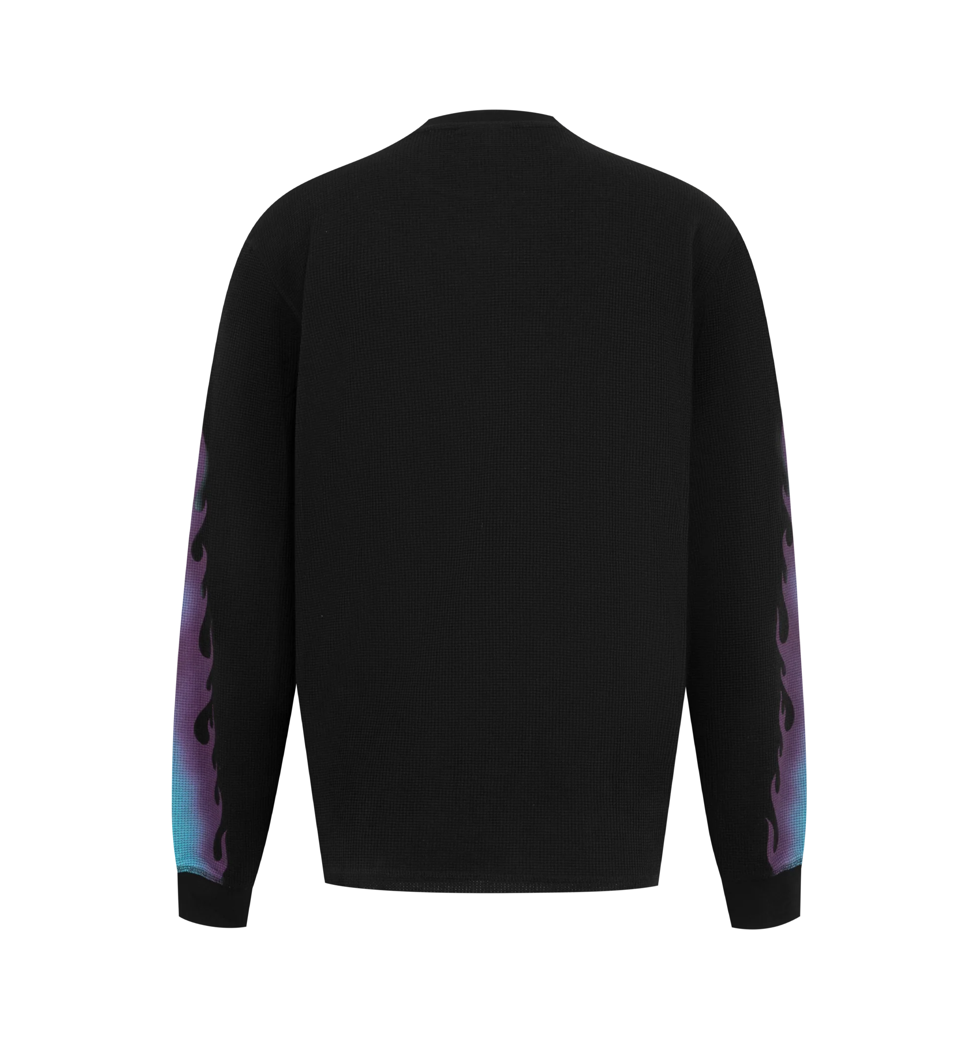 Image 2 of 2 - BLACK - Market Men's Through the Flames Thermal Long Sleeve Shirt is crafted from a soft cotton-blend thermal knit and features a classic crew neckline, long sleeves, and seasonal Through the Flames graphic artwork for a bold statement look. This designer thermal shirt combines textured everyday comfort with Market's signature contemporary streetwear aesthetic, making it an elevated layering essential for cooler weather. Main Material: Cotton Blend Thermal Knit. 52% Cotton; 48% Polyester.